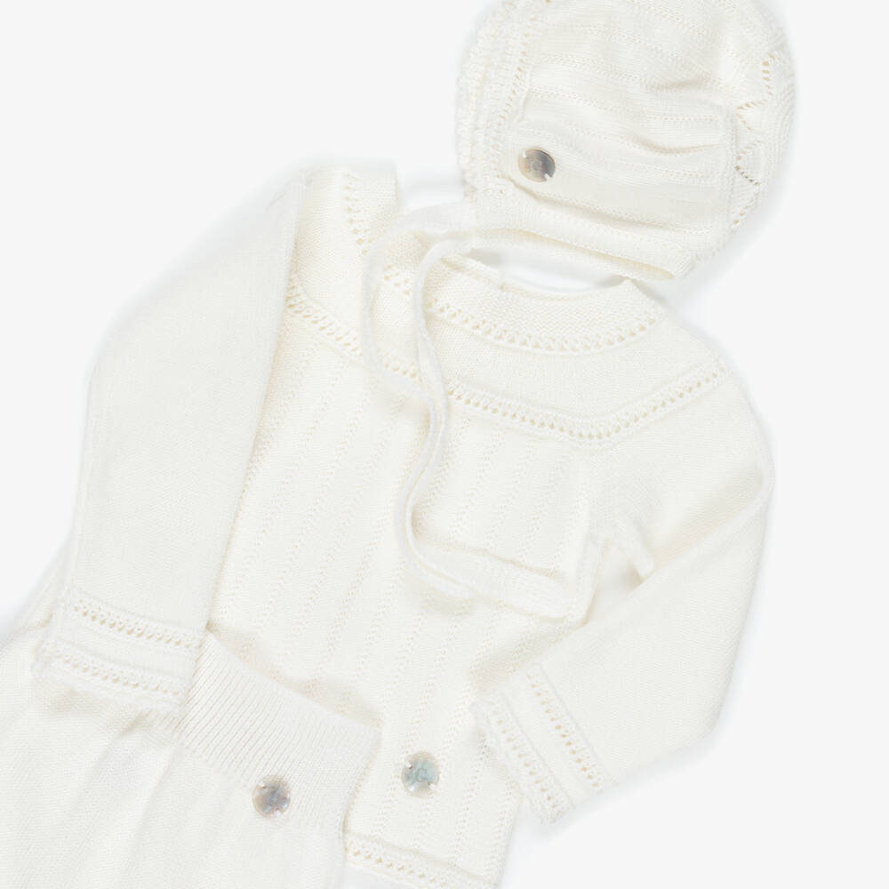 Artesanía Granlei-Ivory Knitted Bonnet & Babysuit Set | Childrensalon