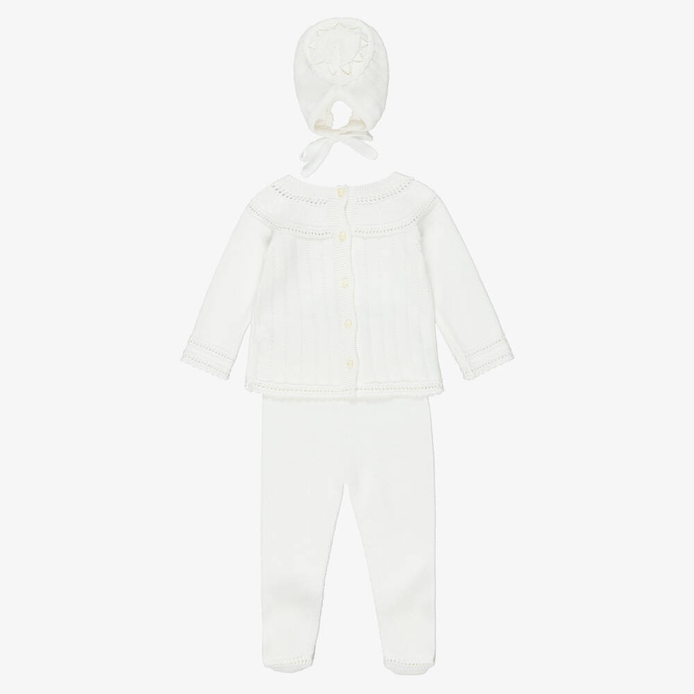 Artesanía Granlei-Ivory Knitted Bonnet & Babysuit Set | Childrensalon