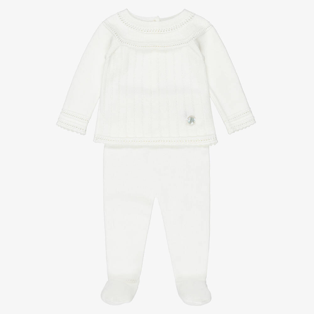Artesanía Granlei-Ivory Knitted Bonnet & Babysuit Set | Childrensalon