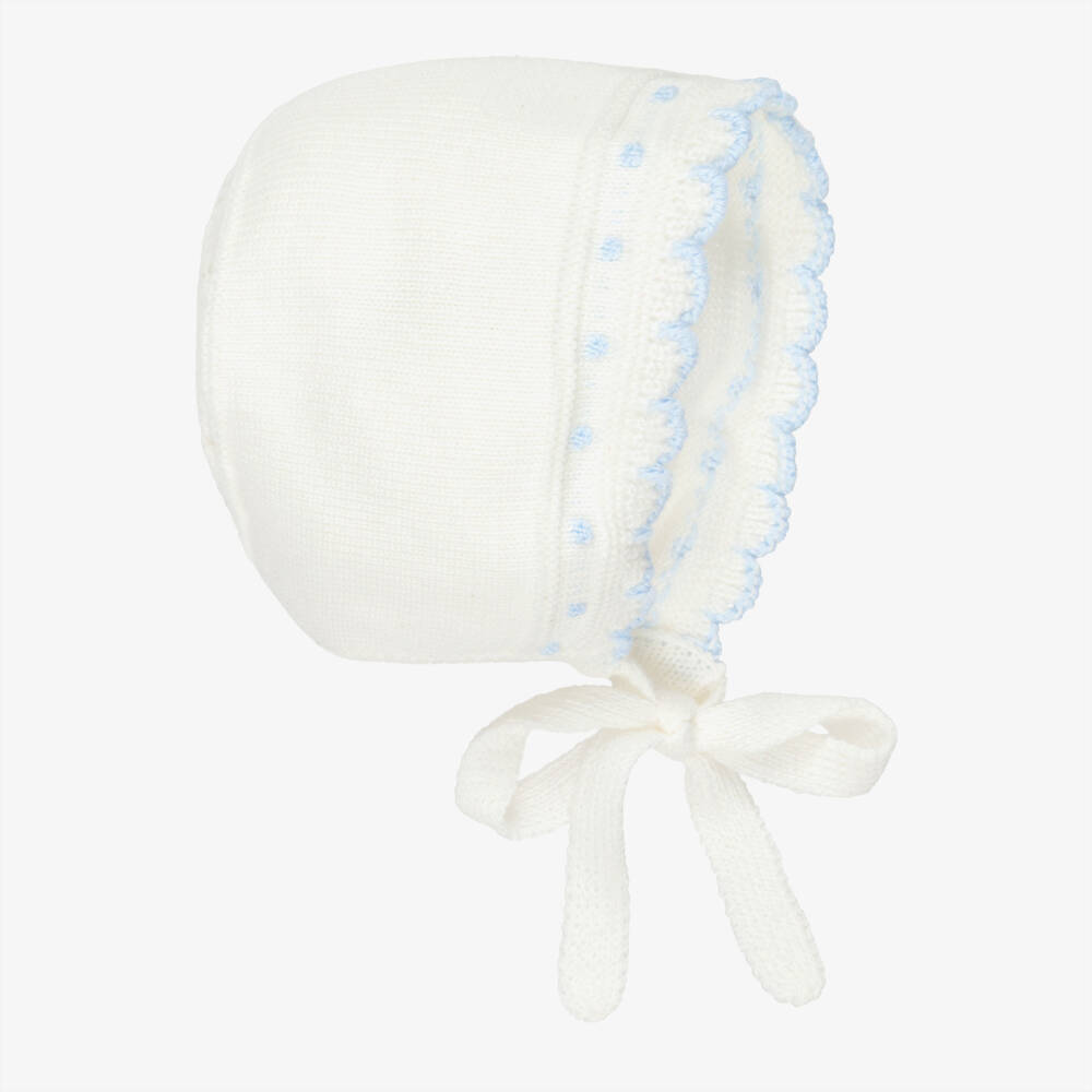 Artesanía Granlei-Ivory Knitted Bonnet with Pale Blue Trims | Childrensalon