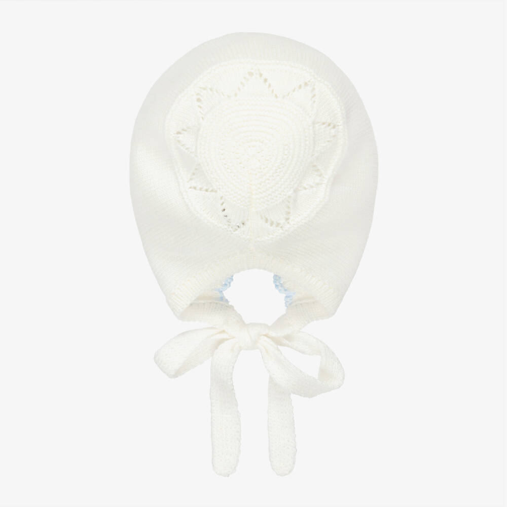 Artesanía Granlei-Ivory Knitted Bonnet with Pale Blue Trims | Childrensalon