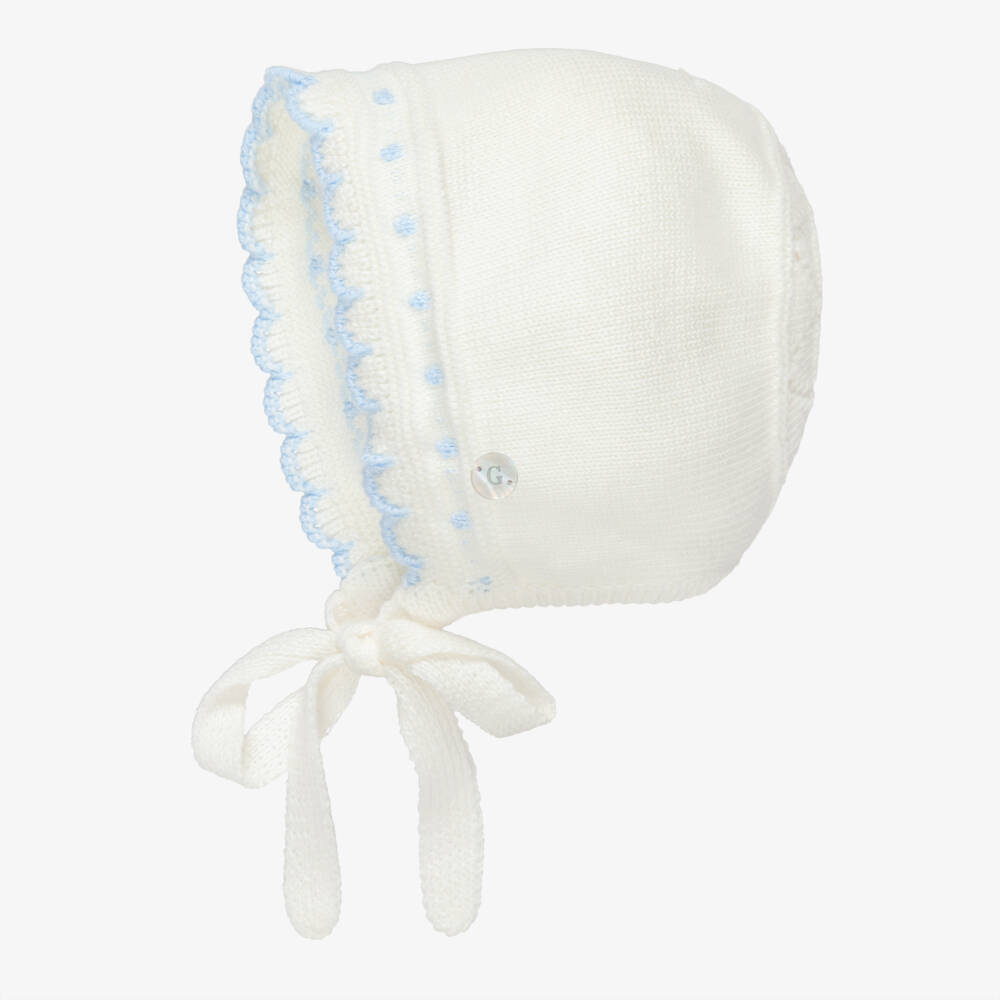 Artesanía Granlei-Чепчик кремовый вязаный с голубой отделкой | Childrensalon