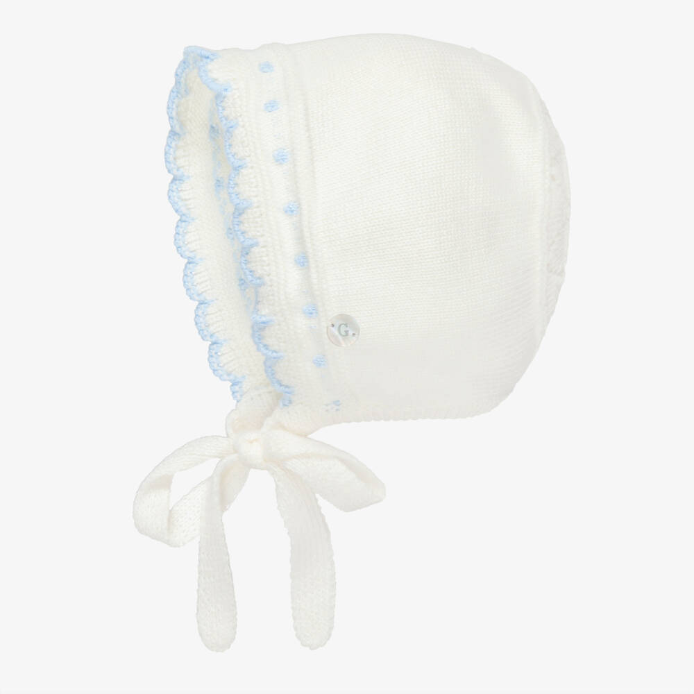 Artesanía Granlei-Ivory Knitted Bonnet with Pale Blue Trims | Childrensalon
