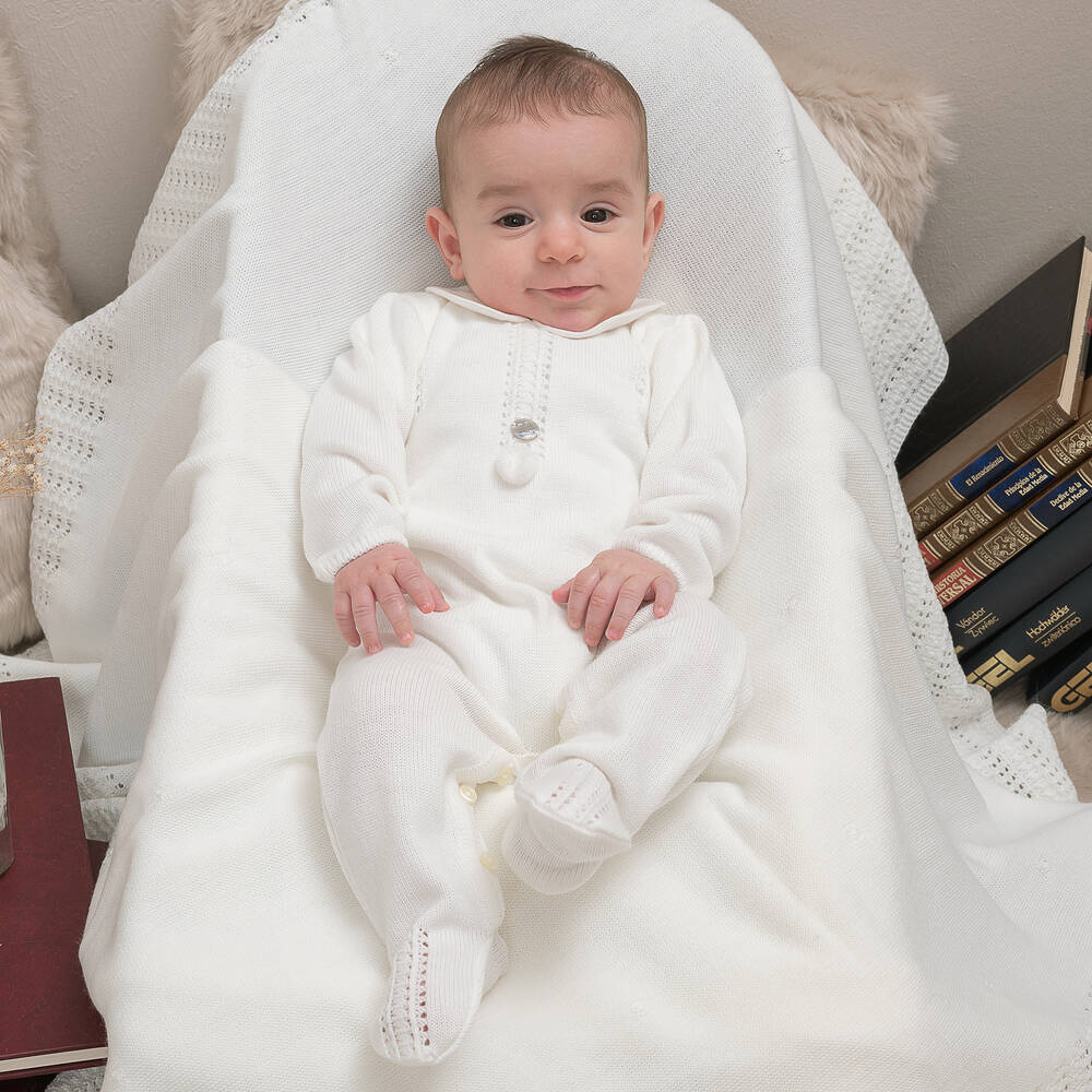 Artesanía Granlei-Ivory Knitted Pom-Pom Babygrow | Childrensalon