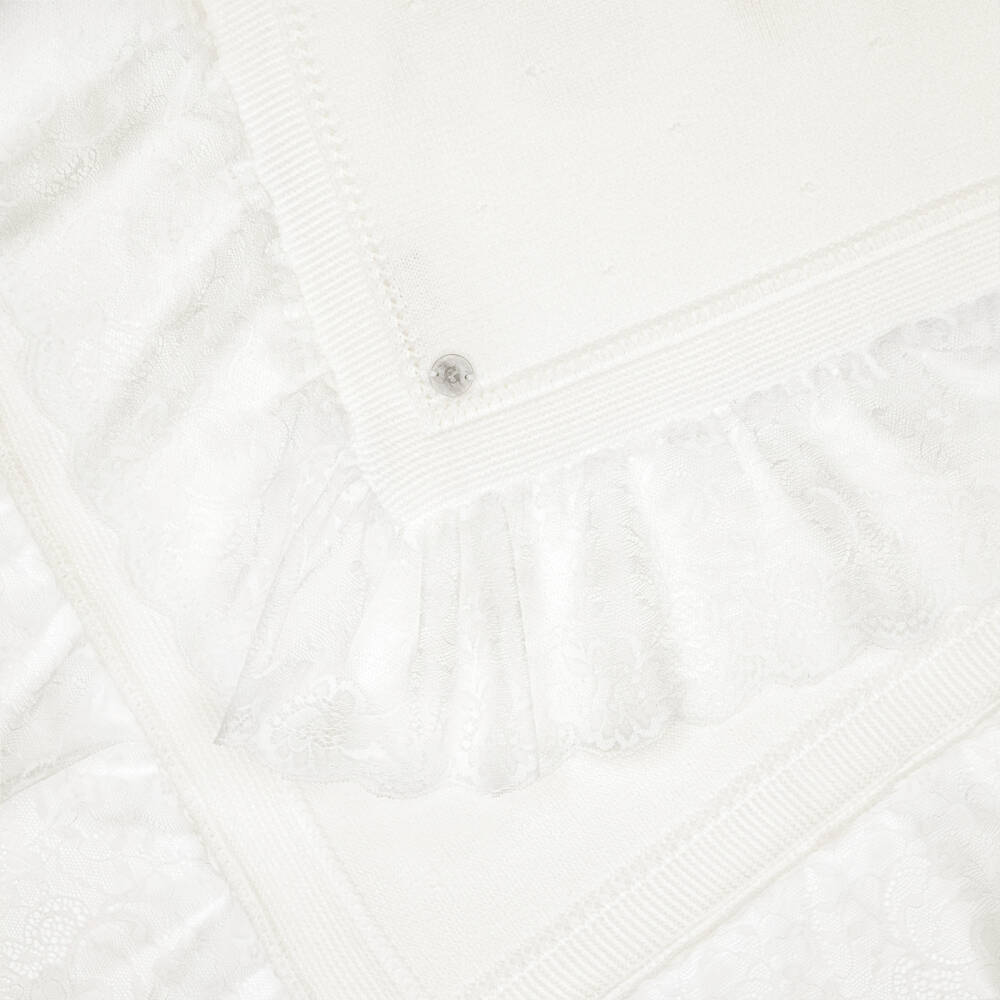 Artesanía Granlei-Ivory Knitted Shawl with Lace Trim (95cm) | Childrensalon