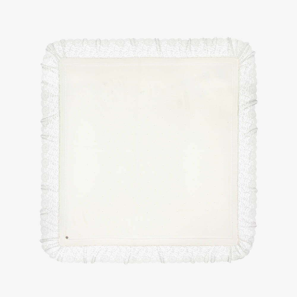 Artesanía Granlei-Ivory Knitted Shawl with Lace Trim (95cm) | Childrensalon