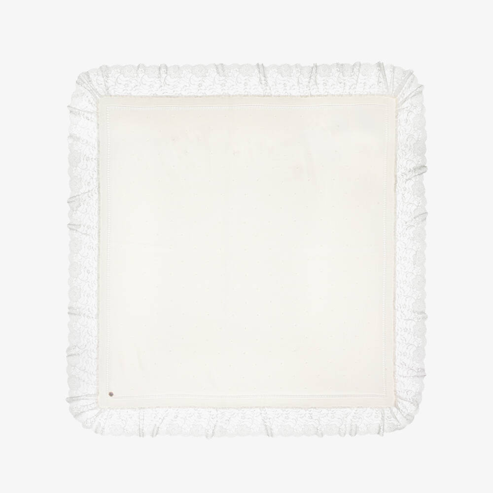 Artesanía Granlei-Ivory Knitted Shawl with Lace Trim (95cm) | Childrensalon