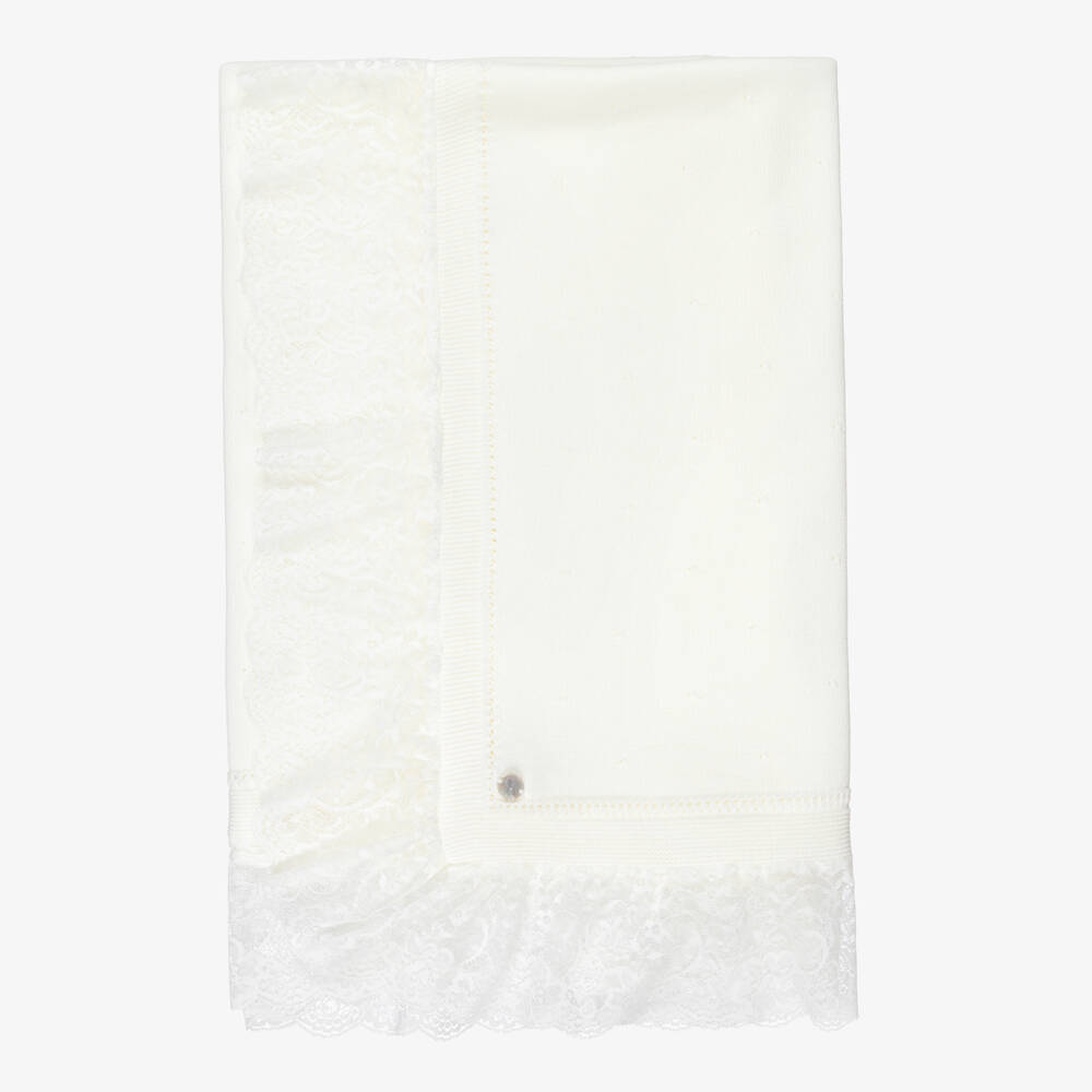 Artesanía Granlei-Ivory Knitted Shawl with Lace Trim (95cm) | Childrensalon