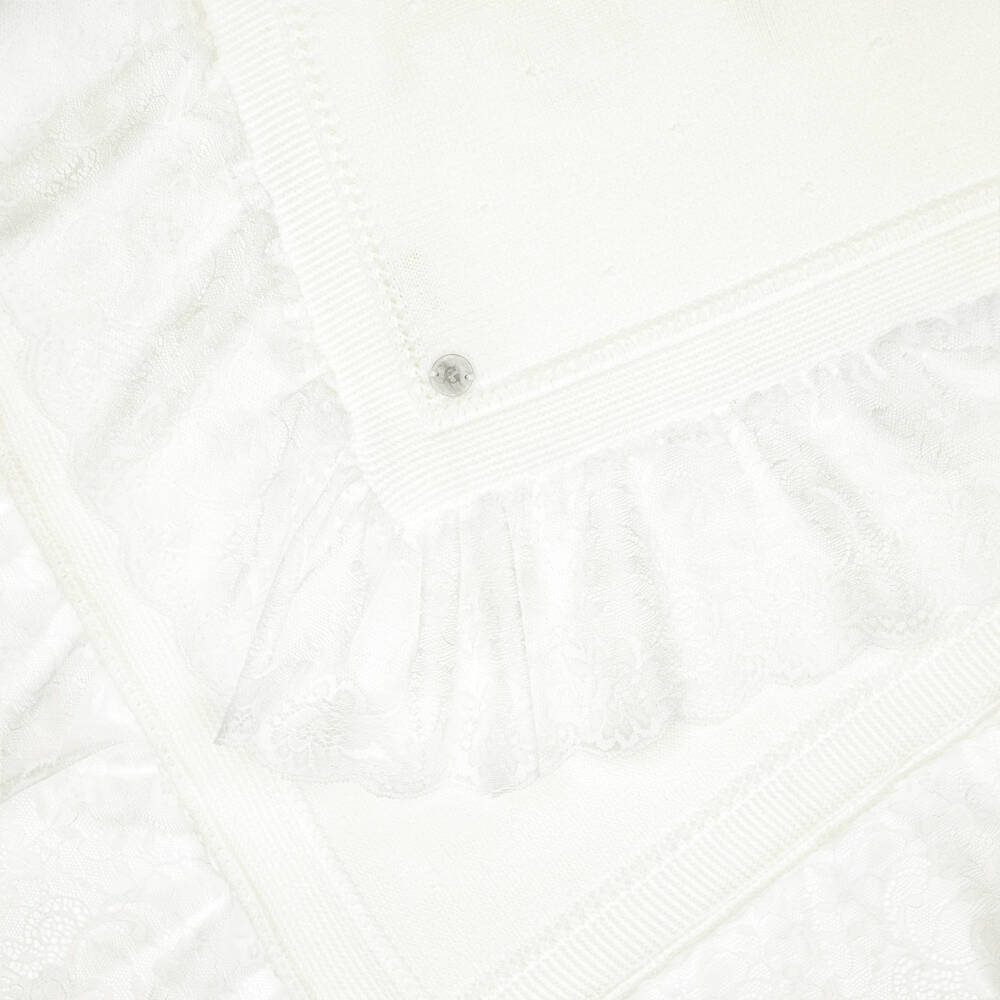 Artesanía Granlei-Ivory Knitted Shawl with Lace Trim (95cm) | Childrensalon