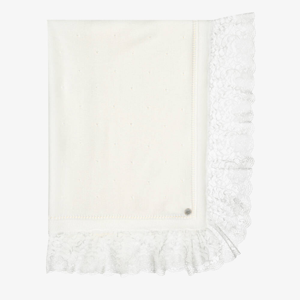 Artesanía Granlei-Ivory Knitted Shawl with Lace Trim (95cm) | Childrensalon