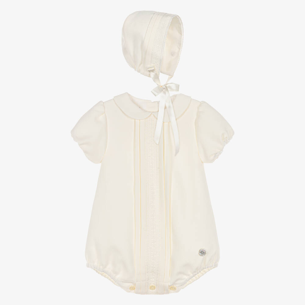 Artesanía Granlei-Ivory Lace Trimmed Babysuit Set with Bonnet | Childrensalon