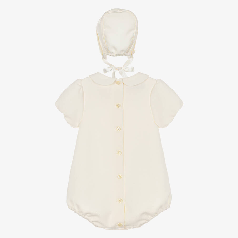 Artesanía Granlei-Ivory Lace Trimmed Babysuit Set with Bonnet | Childrensalon