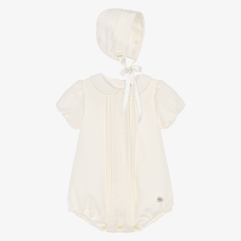 Artesanía Granlei-Ivory Lace Trimmed Babysuit Set with Bonnet | Childrensalon