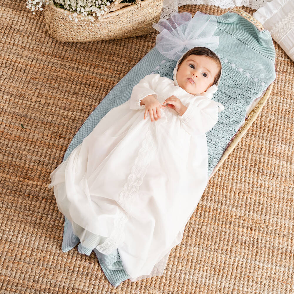 Artesanía Granlei-Ivory Tulle Ceremony Gown With Bonnet | Childrensalon