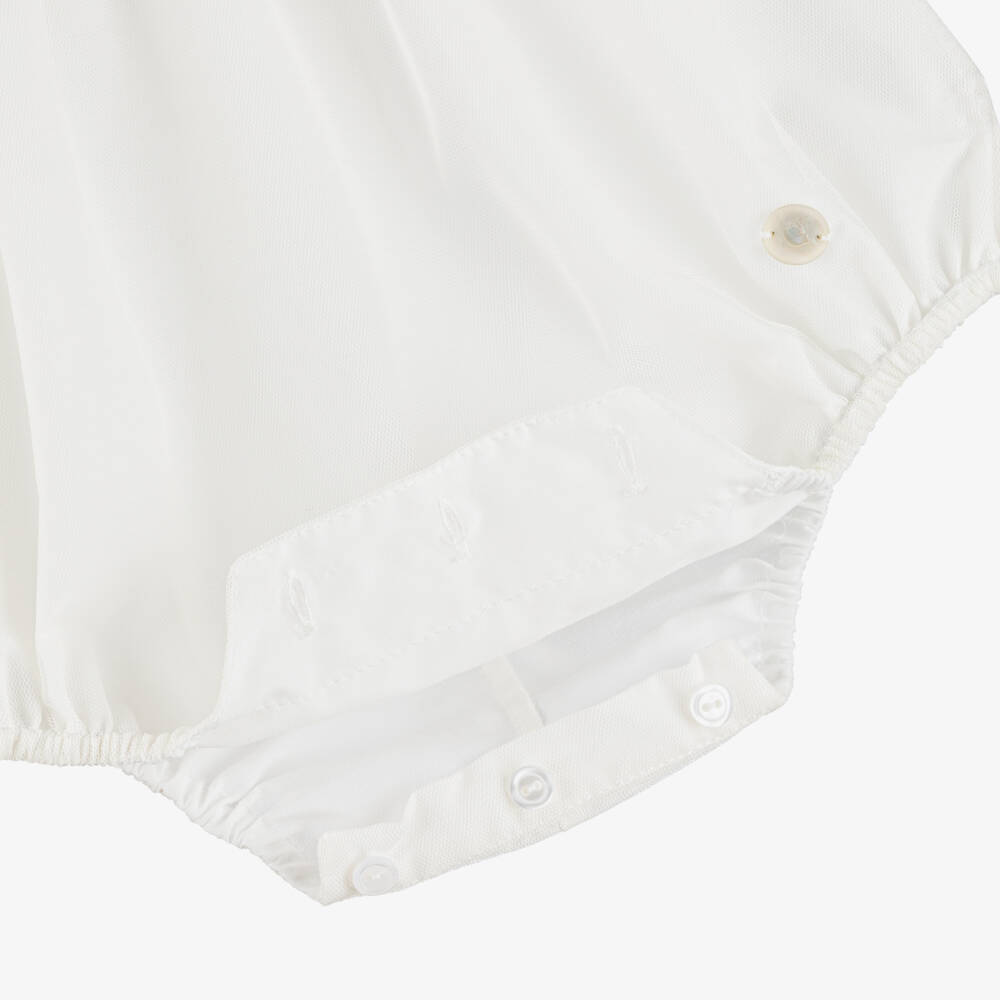 Artesanía Granlei-Ivory Tulle Shortie with Navy Blue Embroidered Trim | Childrensalon