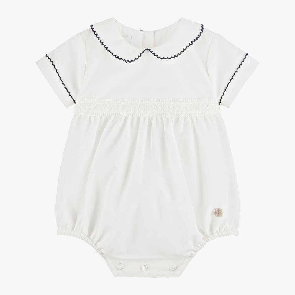 Artesanía Granlei-Ivory Tulle Shortie with Navy Blue Embroidered Trim | Childrensalon