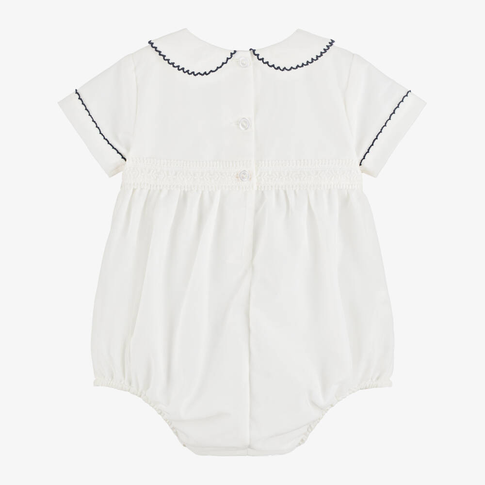 Artesanía Granlei-Ivory Tulle Shortie with Navy Blue Embroidered Trim | Childrensalon