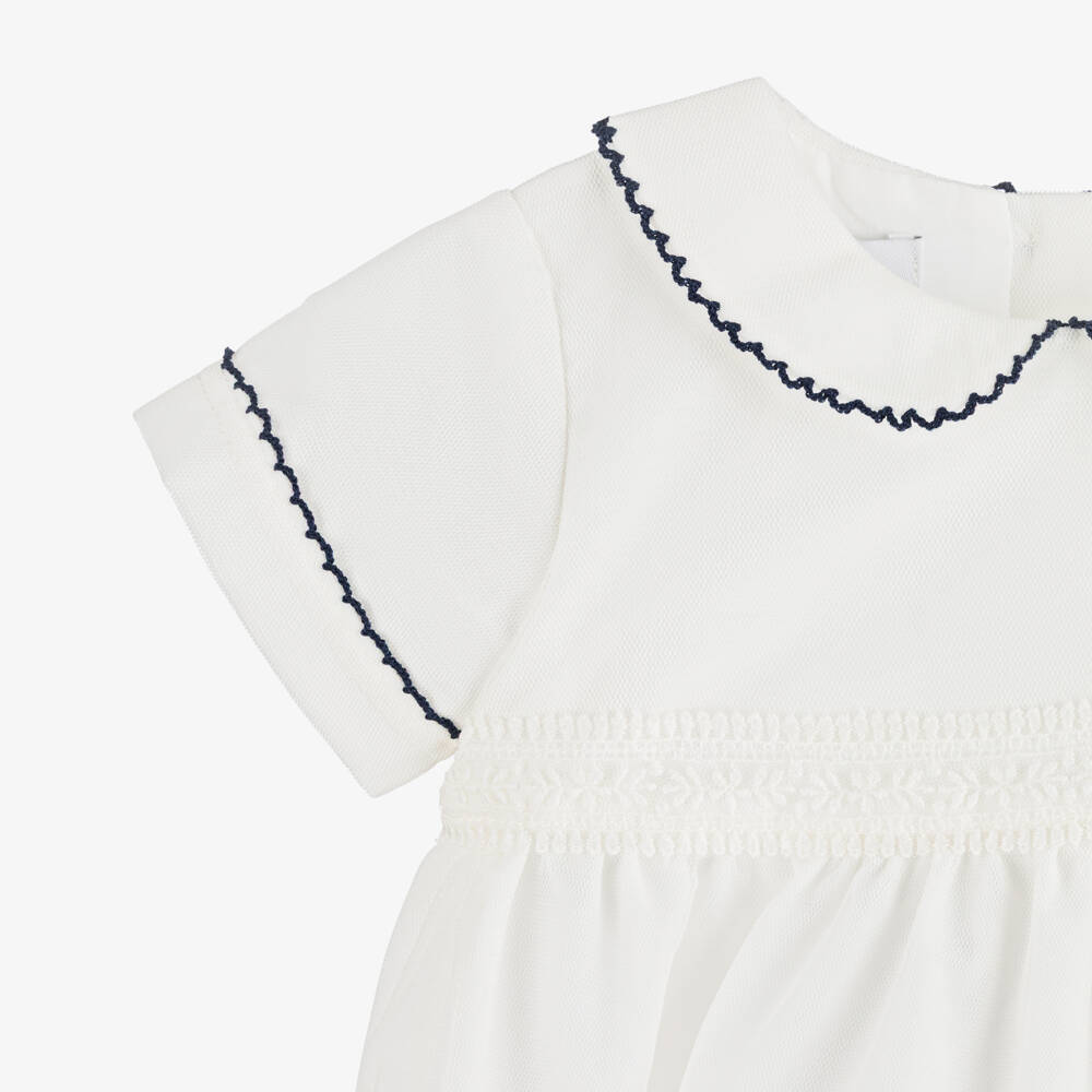 Artesanía Granlei-Ivory Tulle Shortie with Navy Blue Embroidered Trim | Childrensalon