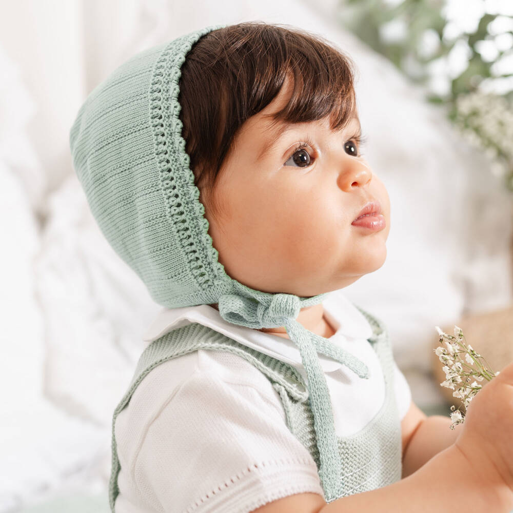 Artesanía Granlei-Light Green Knitted Baby Bonnet | Childrensalon