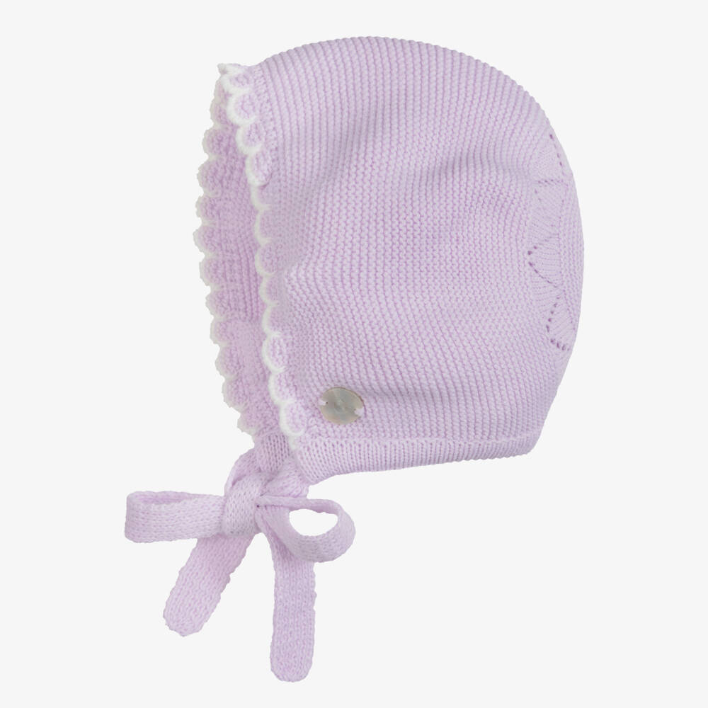 Artesanía Granlei-Lilac Knitted Baby Bonnet with Scalloped Trim | Childrensalon