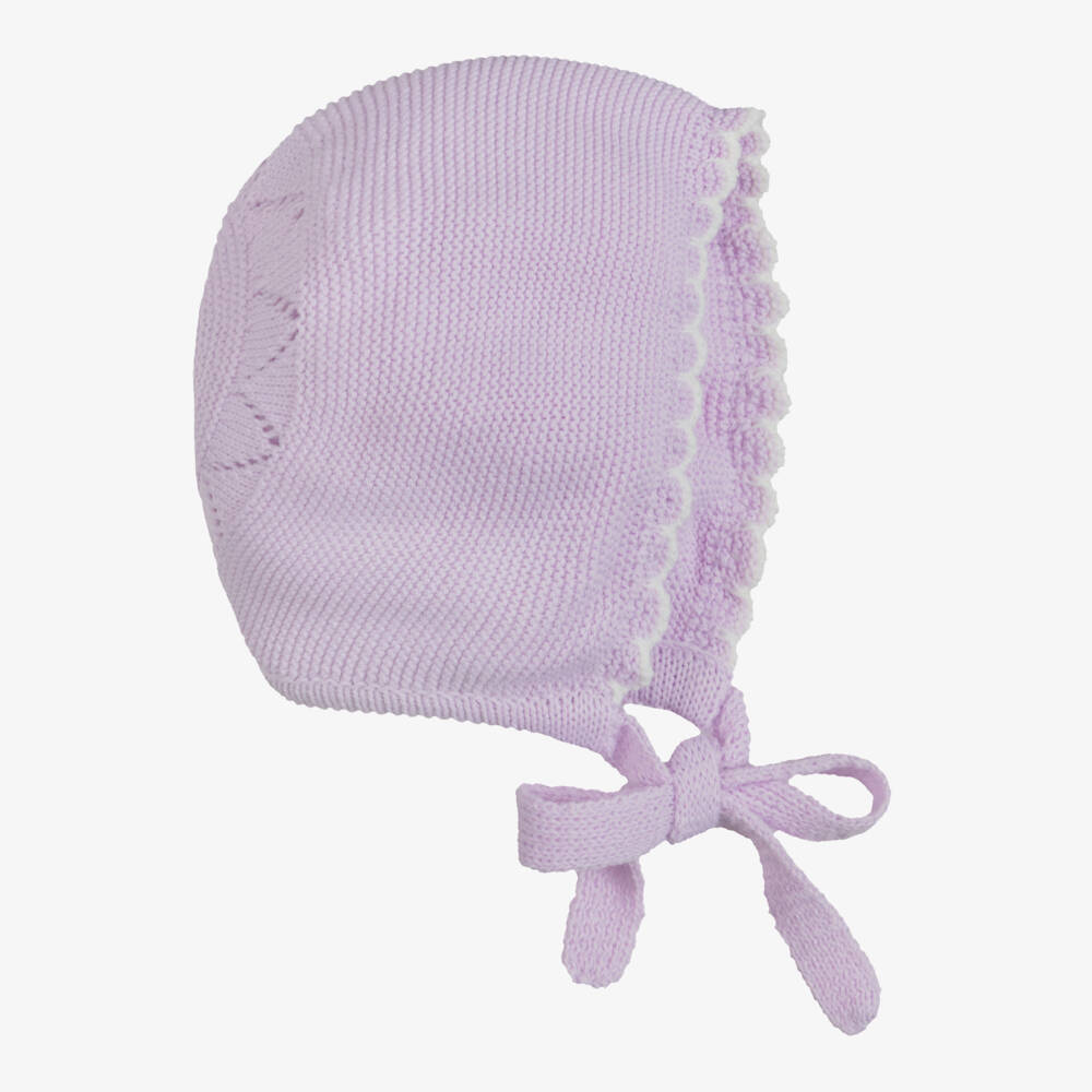Artesanía Granlei-Lilac Knitted Baby Bonnet with Scalloped Trim | Childrensalon