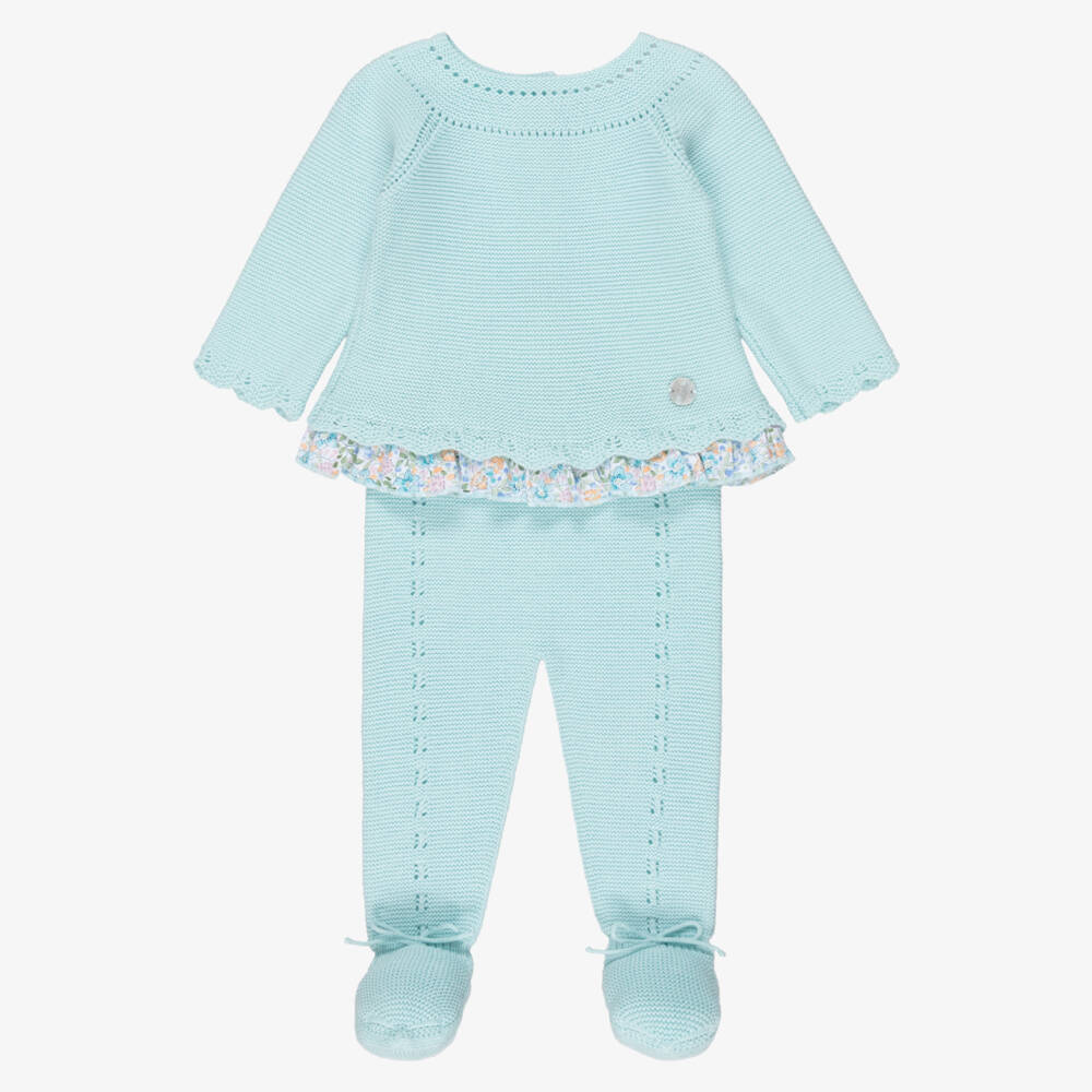 Artesanía Granlei-Mint Green Knitted 2 Piece Babygrow with Floral Trim | Childrensalon