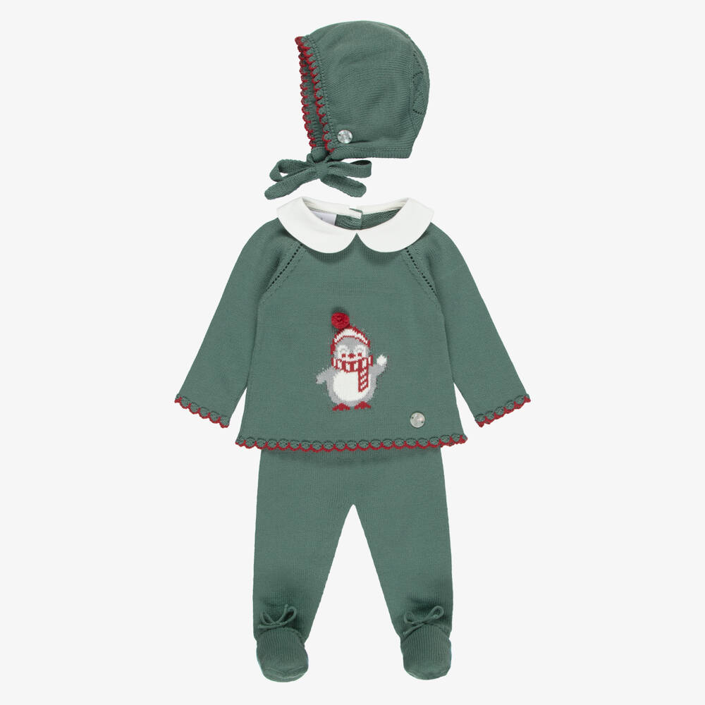 Artesanía Granlei-Moss Green Knitted Babysuit Set with Intarsia Penguin | Childrensalon