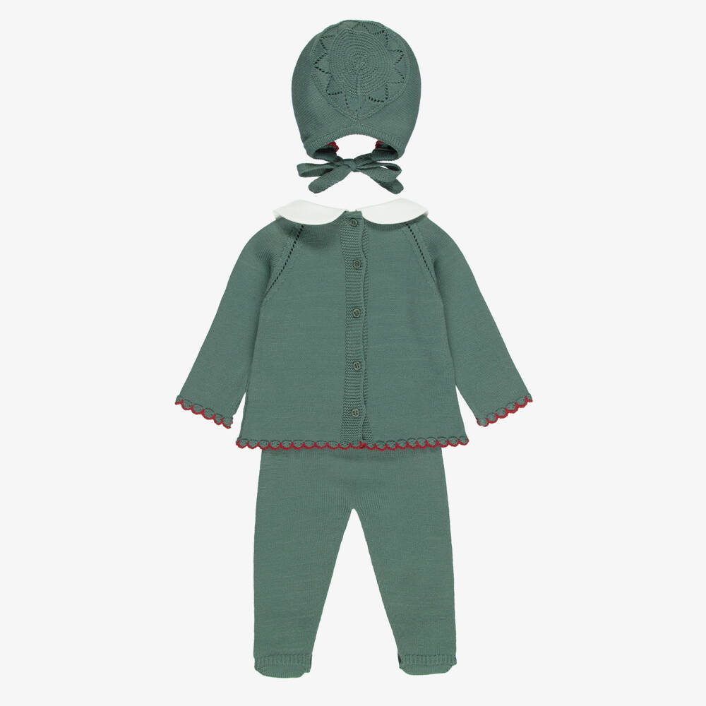 Artesanía Granlei-Moss Green Knitted Babysuit Set with Intarsia Penguin | Childrensalon