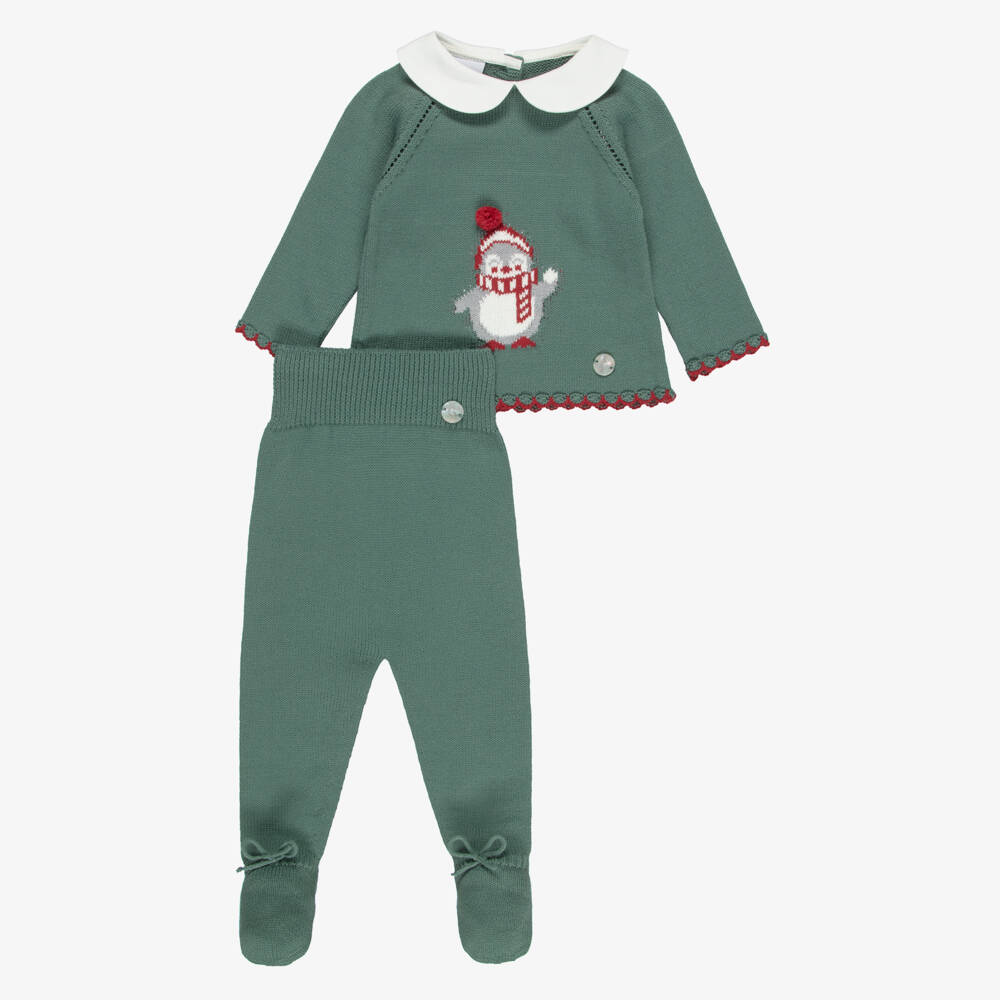 Artesanía Granlei-Moss Green Knitted Babysuit Set with Intarsia Penguin | Childrensalon