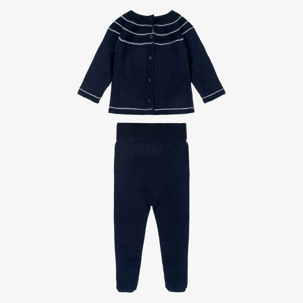 Artesanía Granlei-Navy Blue Knitted 2 Piece Babygrow with White Trim | Childrensalon