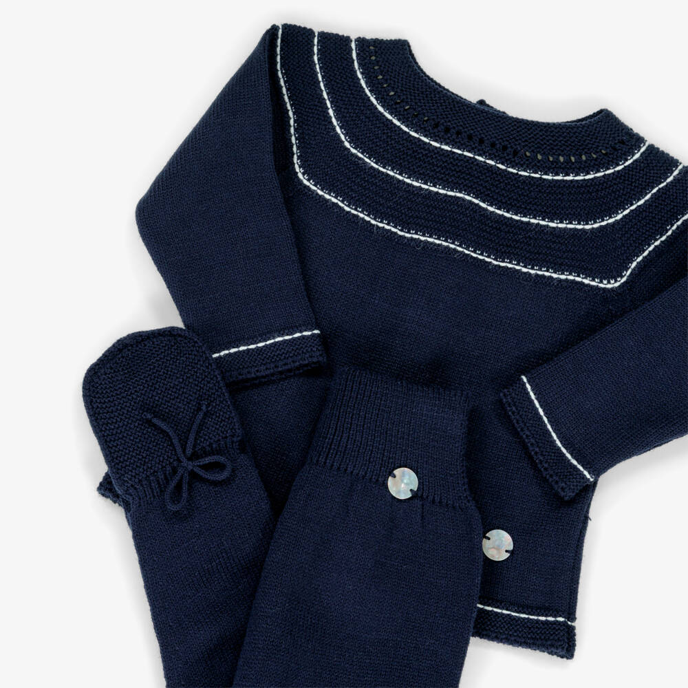 Artesanía Granlei-Navy Blue Knitted 2 Piece Babygrow with White Trim | Childrensalon
