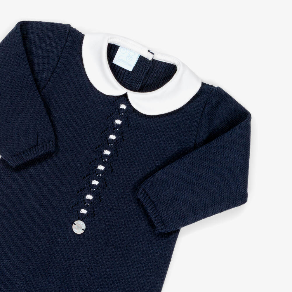 Artesanía Granlei-Navy Blue Knitted Babygrow with Collar | Childrensalon