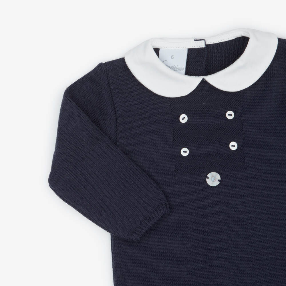Artesanía Granlei-Navy Blue Knitted Babygrow with Woven Collar | Childrensalon