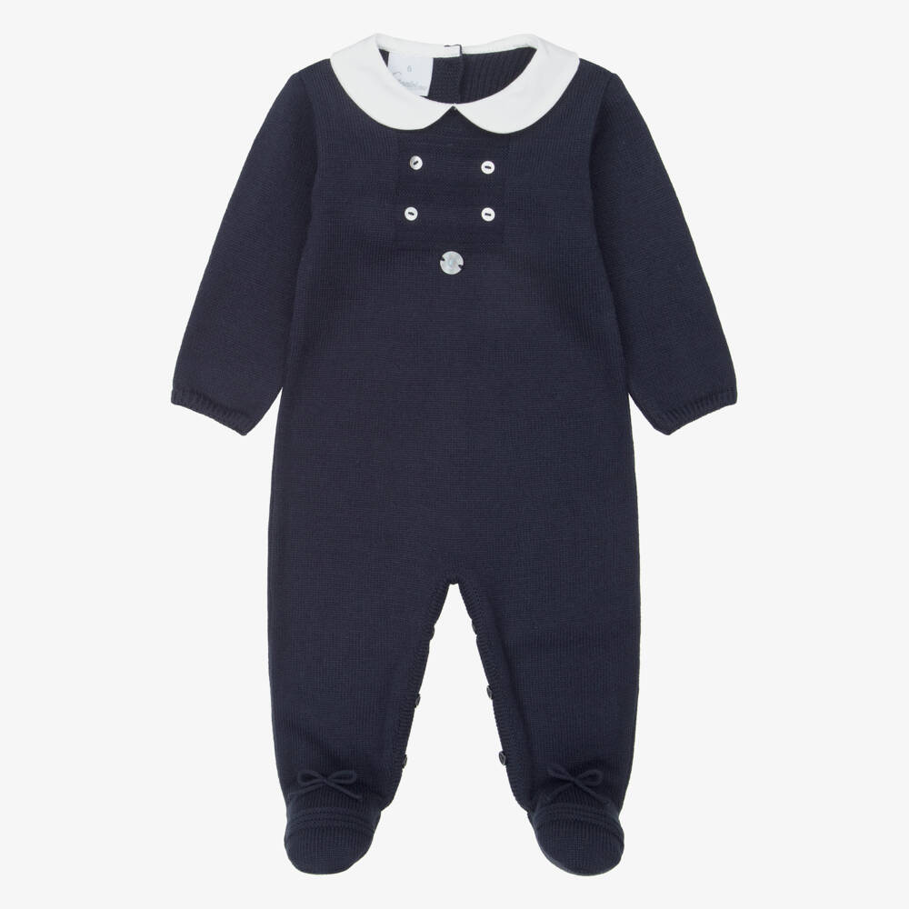 Artesanía Granlei-Navy Blue Knitted Babygrow with Woven Collar | Childrensalon