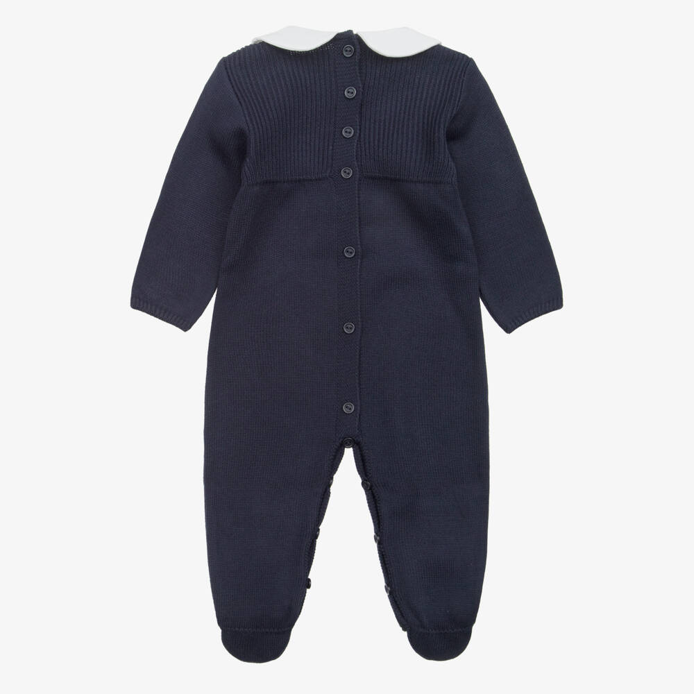 Artesanía Granlei-Navy Blue Knitted Babygrow with Woven Collar | Childrensalon