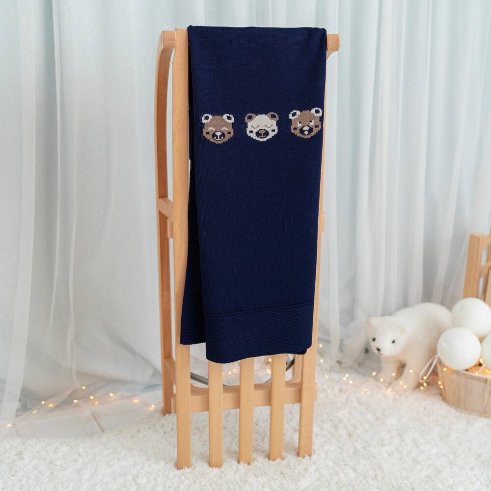 Artesanía Granlei-Navy Blue Knitted Blanket with Three Bears (86cm) | Childrensalon