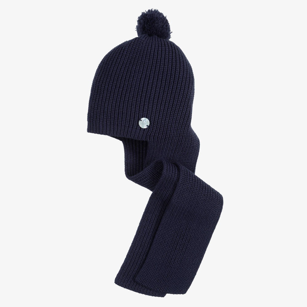 Artesanía Granlei-Navy Knitted Baby Hat with Attached Scarf | Childrensalon