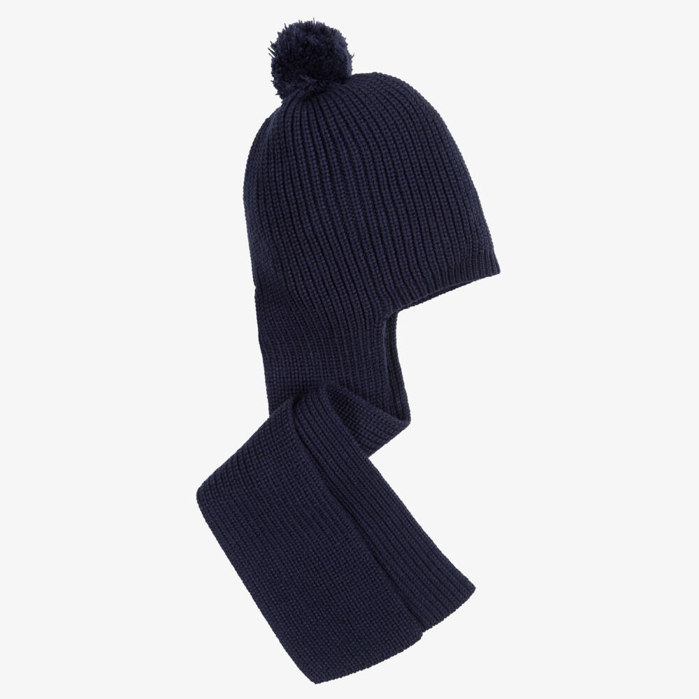 Artesanía Granlei-Navy Knitted Baby Hat with Attached Scarf | Childrensalon
