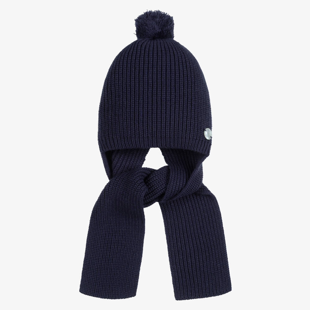 Artesanía Granlei-Navy Knitted Baby Hat with Attached Scarf | Childrensalon