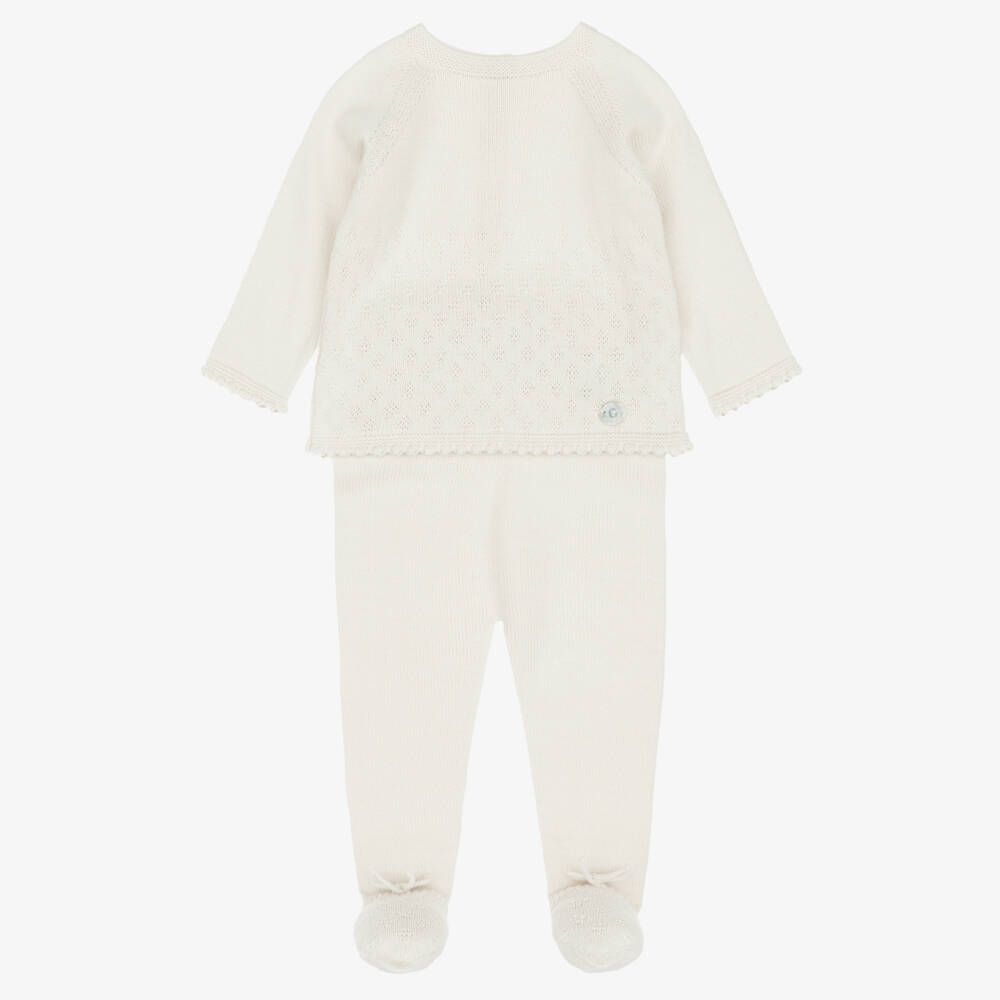 Artesanía Granlei-Pale Beige Patterned Knit 2 Piece Babygrow  | Childrensalon