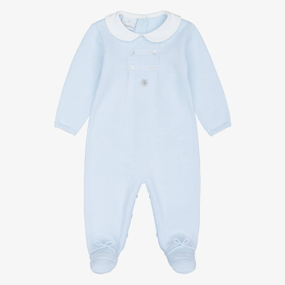 Artesanía Granlei-Pale Blue Knitted Babygrow with Woven Collar | Childrensalon