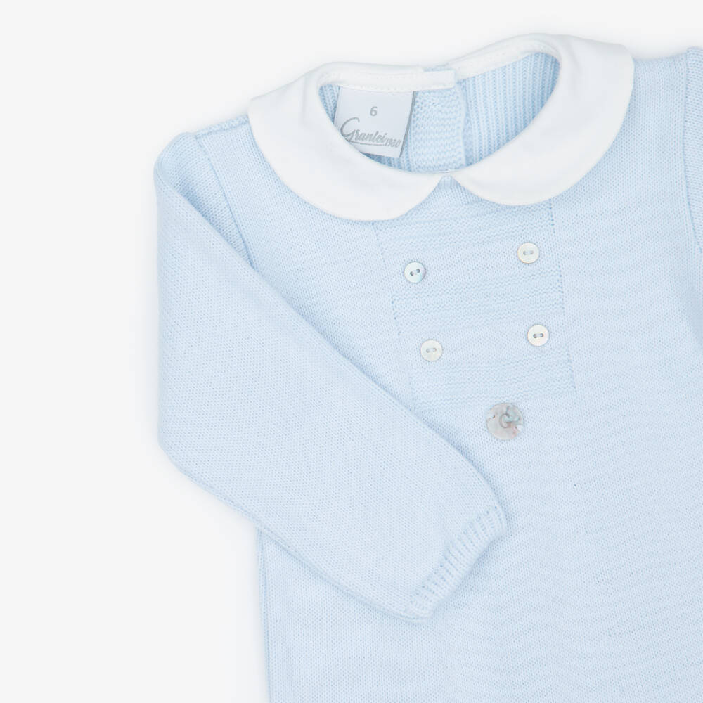 Artesanía Granlei-Pale Blue Knitted Babygrow with Woven Collar | Childrensalon