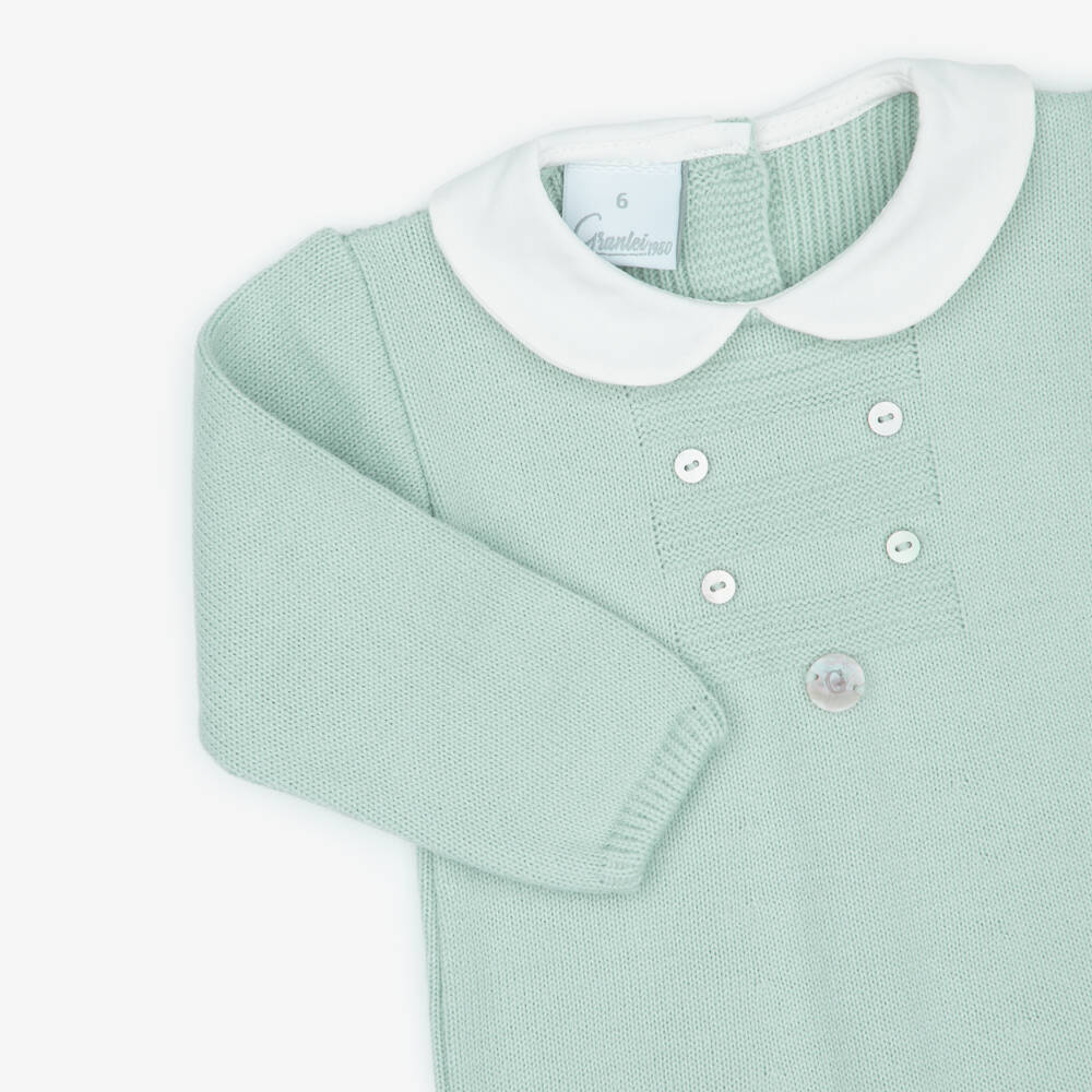 Artesanía Granlei-Pale Green Knitted Babygrow with Woven Collar | Childrensalon