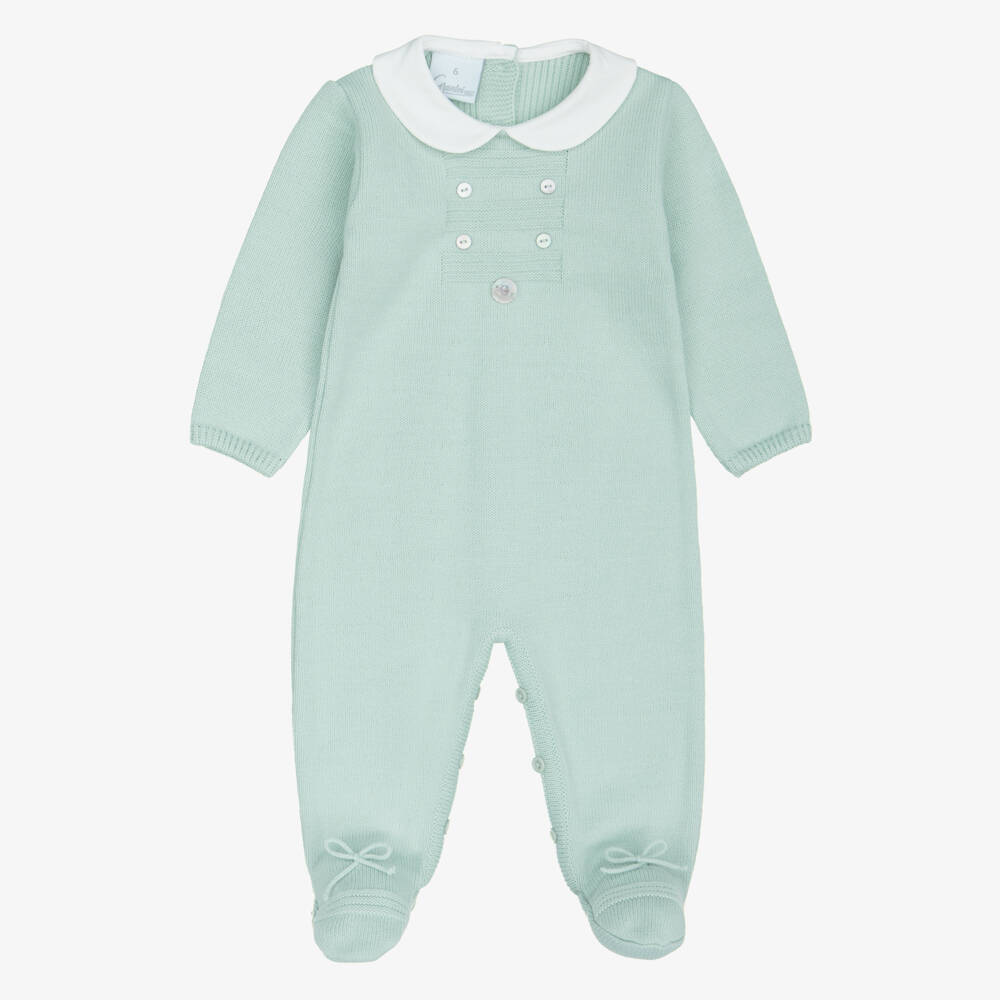 Artesanía Granlei-Pale Green Knitted Babygrow with Woven Collar | Childrensalon