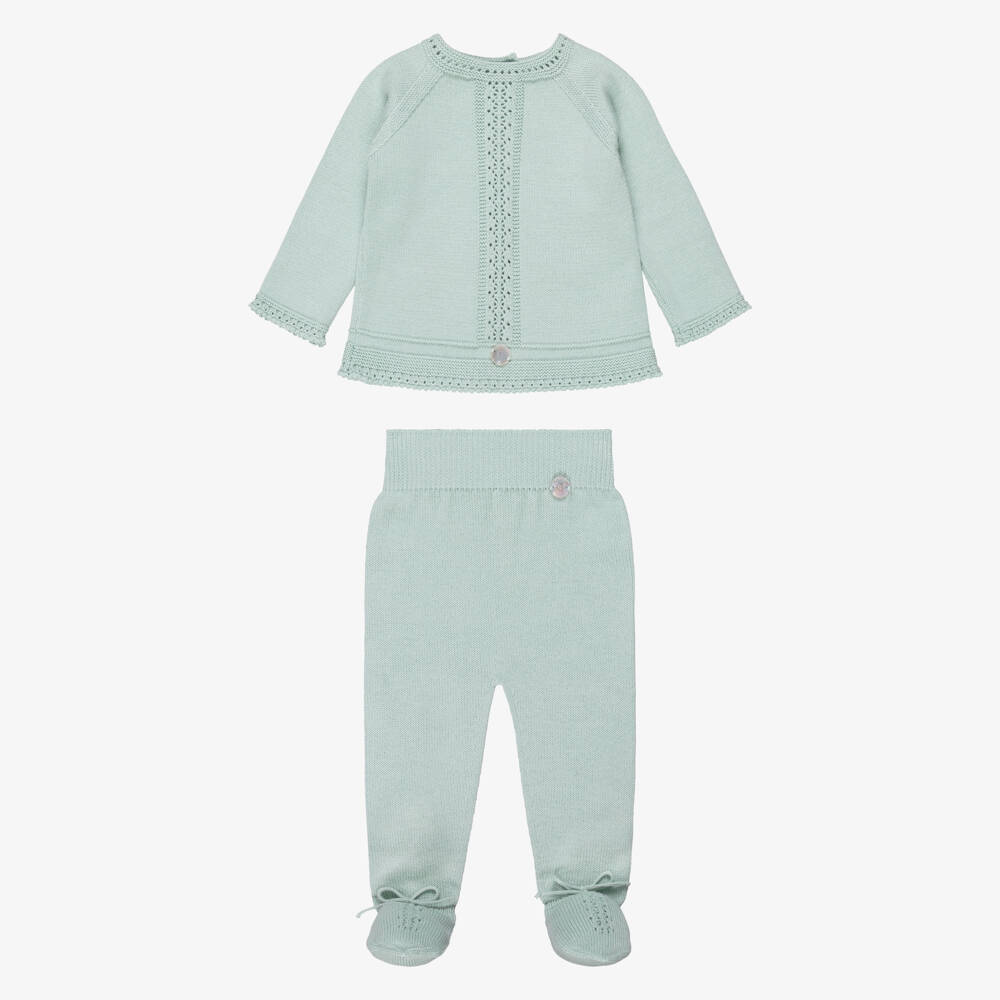 Artesanía Granlei-Pale Sage Green Knitted 2 Piece Babygrow | Childrensalon