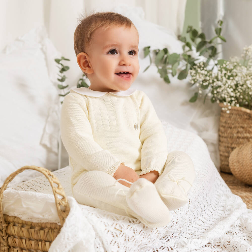 Artesanía Granlei-Pale Yellow Cotton Knit Babygrow with White Collar | Childrensalon