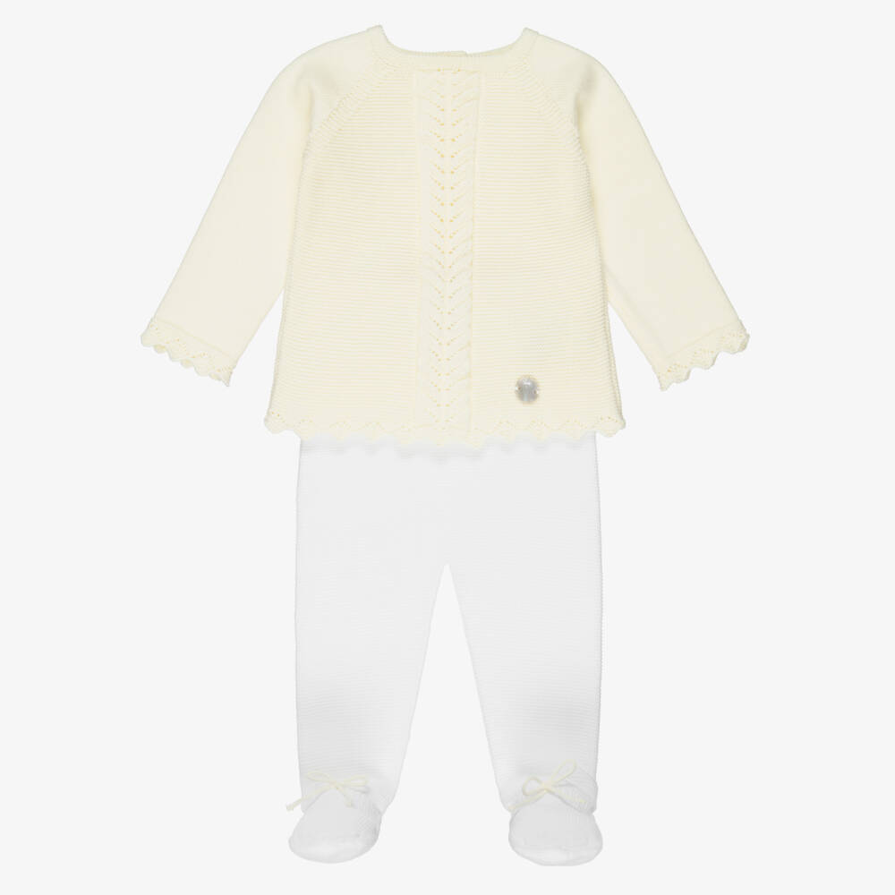 Artesanía Granlei-Pale Yellow & Ivory Knitted 2 Piece Babygrow | Childrensalon