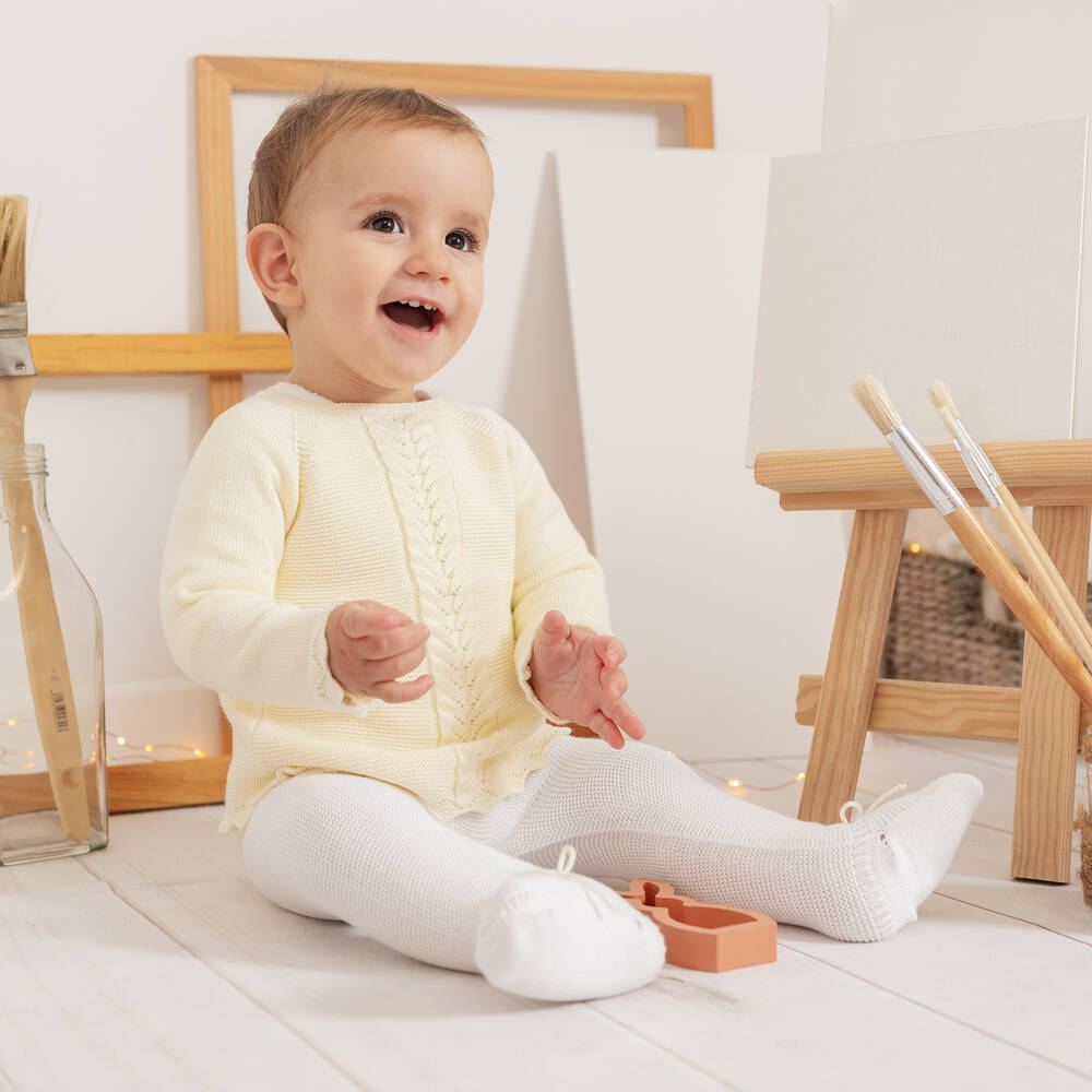 Artesanía Granlei-Pale Yellow & Ivory Knitted 2 Piece Babygrow | Childrensalon