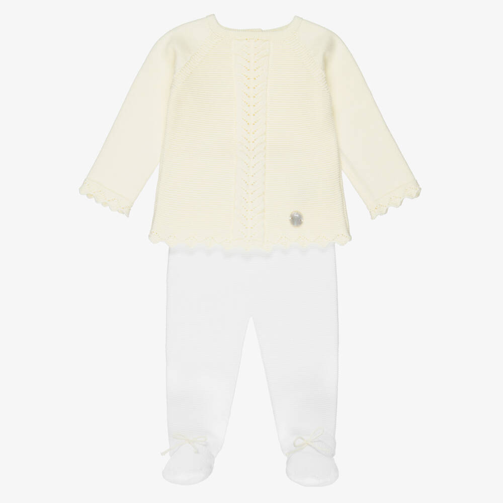 Artesanía Granlei-Pale Yellow & Ivory Knitted 2 Piece Babygrow | Childrensalon