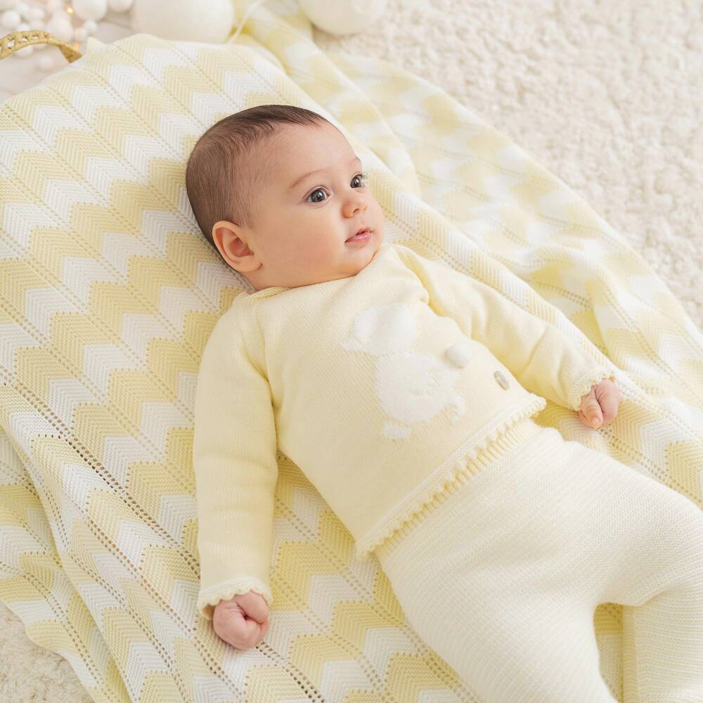 Artesanía Granlei-Pale Yellow Knitted 2 Piece Babygrow with Duck Motif | Childrensalon